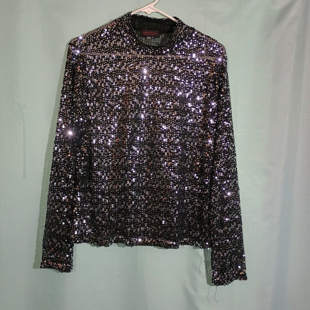 Black Sequin Evening Top Long Sleeve Sparkly Party Blouse